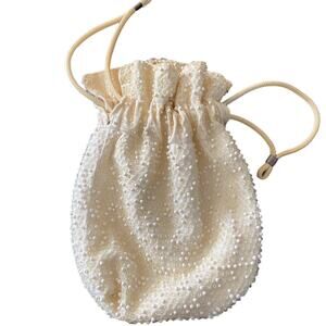 Vintage Cream Beaded Embellished Drawstring Close Sack Satchel Pouch